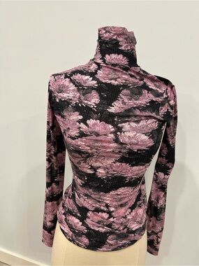 Tory Burch Black Mock Neck Long Sleeve Top with Pink Floral Print
